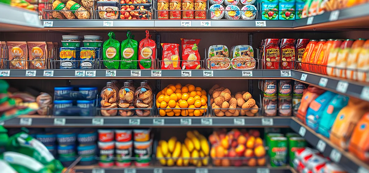 Stock de tienda con diferentes productos como frutas y enlatados